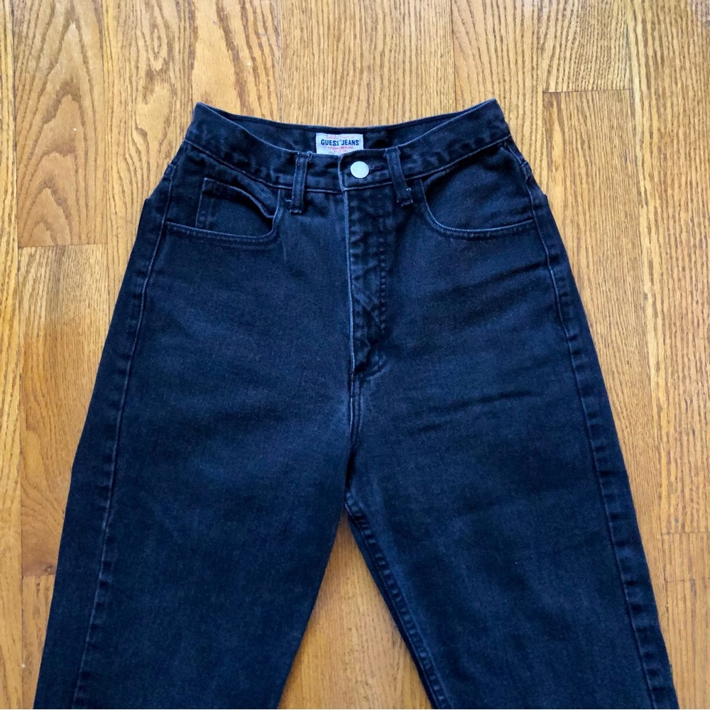 vintage guess high waisted jeans, black denim straight leg, 25”